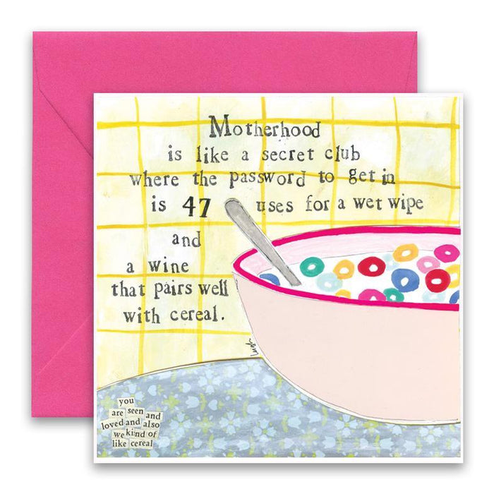 The CURLY GIRL DESIGNS - CEREAL GREETING CARD by CURLY GIRL DESIGN, INC features a colorful cereal bowl with milk and spoon, plus a witty message about wet wipes and wine pairings. Pink envelope included—perfect for celebrating motherhood.