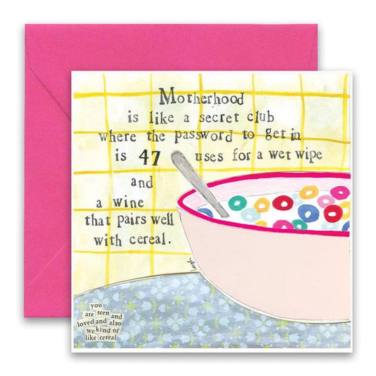 The CURLY GIRL DESIGNS - CEREAL GREETING CARD by CURLY GIRL DESIGN, INC features a colorful cereal bowl with milk and spoon, plus a witty message about wet wipes and wine pairings. Pink envelope included—perfect for celebrating motherhood.