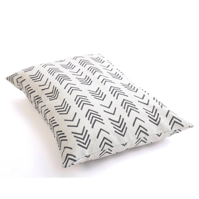The Foggy Dog's DOG BED (S, MODERN MUD CLOTH) features a beige, black chevron-patterned minimalist design and is shown close up on a white surface against a plain background.