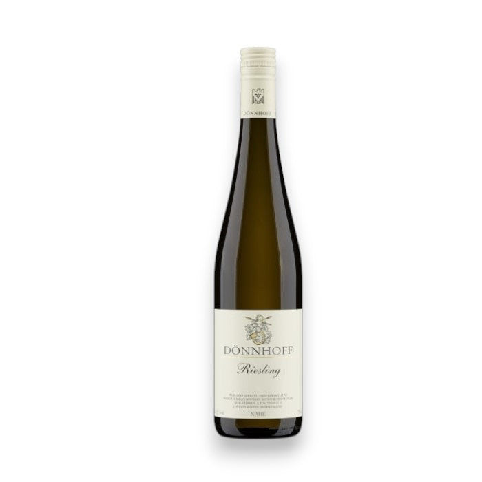A tall, dark green bottle with a white label and cap displays "DÖNNHOFF 'ESTATE' RIESLING 2024" and a crest emblem. This off-dry Riesling from WINE: A-VIN-GARDE/BORDEAUX FINE & RARE is set against a plain white background.