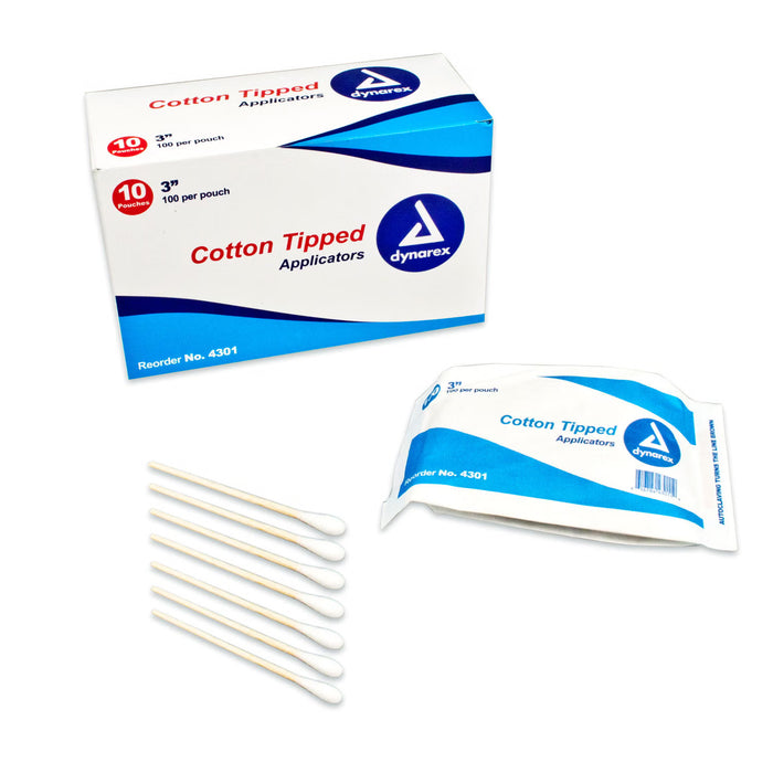 Dynarex Cotton-Tipped Applicators, Wood Shaft, 3", Non-Sterile, 100 per Pack - 4301-Box - LL Medico