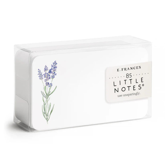 Clear plastic box with 85 tiny notecards called "E. FRANCES PAPER - LAVENDER LITTLE NOTES" featuring hand-painted watercolor lavender sprig illustrations on each white card.