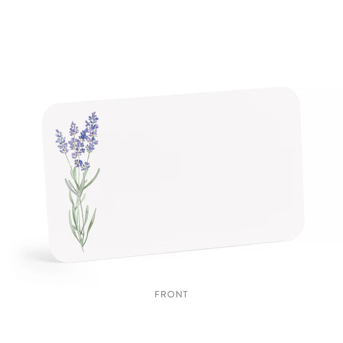 Clear plastic box with 85 tiny notecards called "E. FRANCES PAPER - LAVENDER LITTLE NOTES" featuring hand-painted watercolor lavender sprig illustrations on each white card.