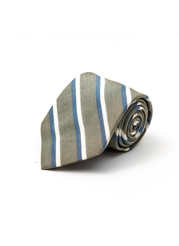 The EDWARD ARMAH Grey Beige Denim Stripe Silk Tie features diagonal blue and white stripes on a gray background, crafted from fine silk for a refined touch.