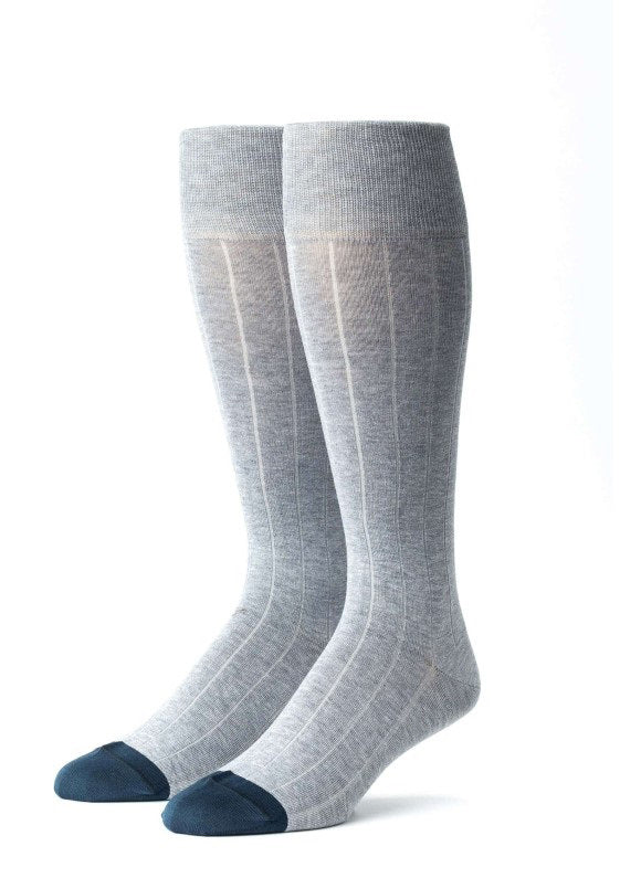 The EDWARD ARMAH - GREY STEEL BLU RIB SOCK features classic ribbing in light gray with dark blue toes and heels, offering the cozy comfort of cotton socks and signature style by EDWARD ARMAH.