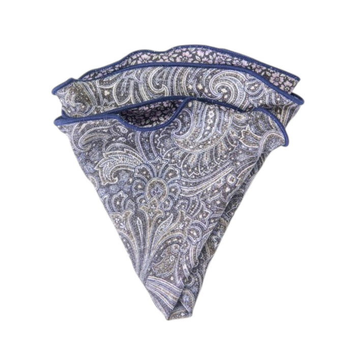 The EDWARD ARMAH Silk Reversible Pocket Circle features a charcoal paisley design with intricate patterns, offering a stylish and versatile accessory for any occasion.