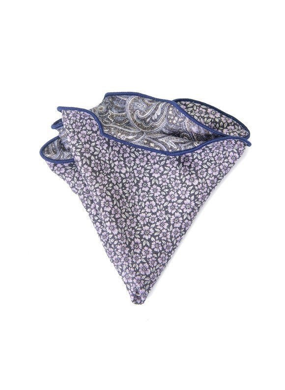 The EDWARD ARMAH Silk Reversible Pocket Circle features a charcoal paisley design with intricate patterns, offering a stylish and versatile accessory for any occasion.
