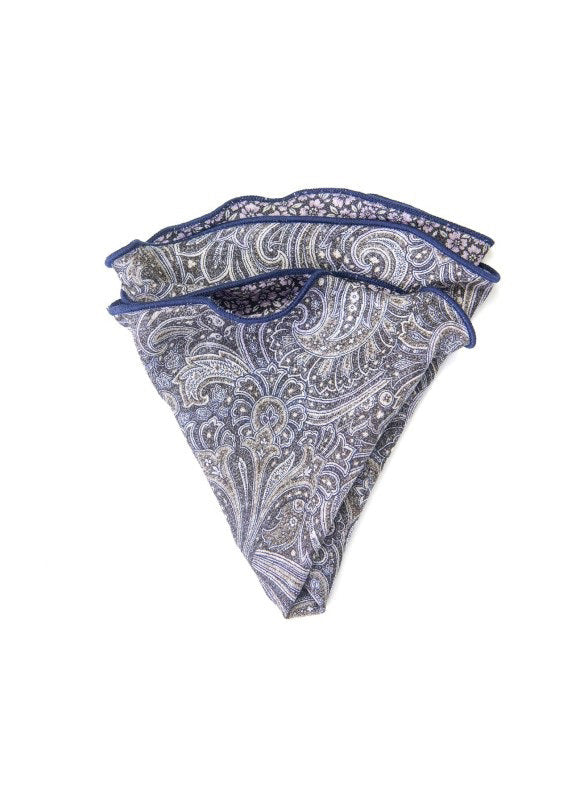 The EDWARD ARMAH Silk Reversible Pocket Circle features a charcoal paisley design with intricate patterns, offering a stylish and versatile accessory for any occasion.