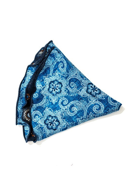 The EDWARD ARMAH - SILK REVERSIBLE POCKET CIRCLE IN NAVY MEDALLION features a crisp white background with navy medallion, floral, and geometric patterns, accented by light blue, white, and orange for a refined touch.