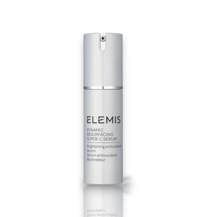 A white and silver pump bottle labeled "ELEMIS - DYNAMIC RESURFACING SUPER-C SERUM" by ELEMIS - STEINER, a Vitamin C serum for reducing pigmentation and brightening, stands against a plain white background.