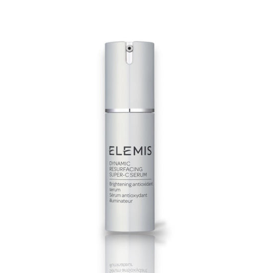 A white and silver pump bottle labeled "ELEMIS - DYNAMIC RESURFACING SUPER-C SERUM" by ELEMIS - STEINER, a Vitamin C serum for reducing pigmentation and brightening, stands against a plain white background.
