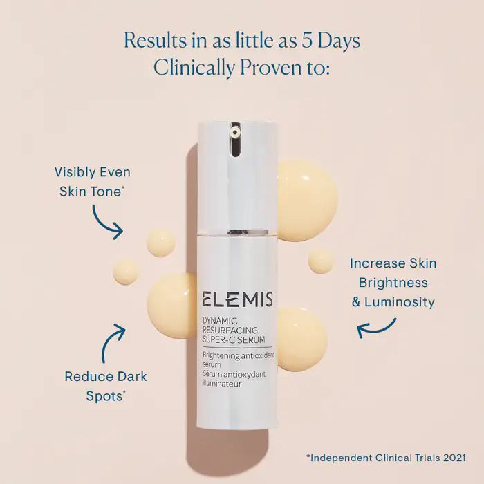 A white and silver pump bottle labeled "ELEMIS - DYNAMIC RESURFACING SUPER-C SERUM" by ELEMIS - STEINER, a Vitamin C serum for reducing pigmentation and brightening, stands against a plain white background.