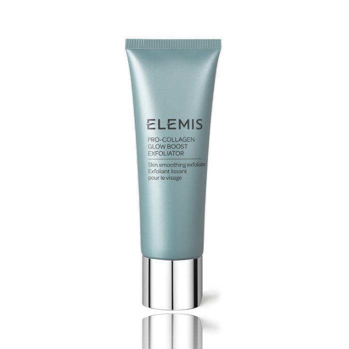 A blue tube of ELEMIS - PRO-COLLAGEN GLOW BOOST EXFOLIATOR by ELEMIS - STEINER stands upright with a silver cap against a white background, featuring the product name and details in silver and black on the front.