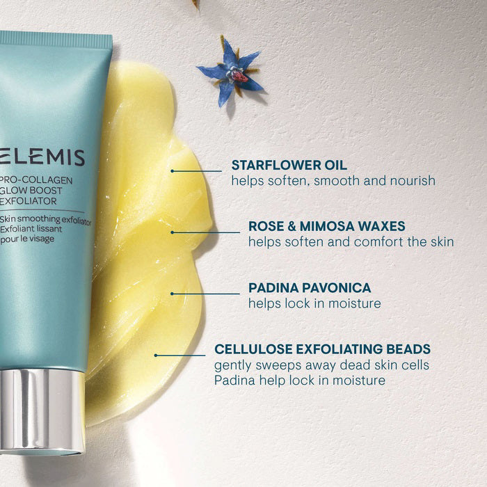 A blue tube of ELEMIS - PRO-COLLAGEN GLOW BOOST EXFOLIATOR by ELEMIS - STEINER stands upright with a silver cap against a white background, featuring the product name and details in silver and black on the front.