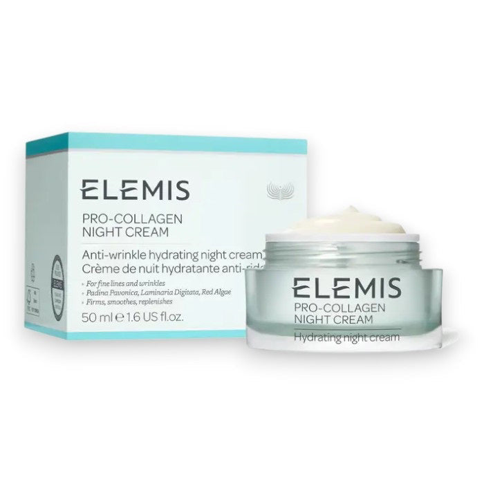 An open jar of ELEMIS - STEINER ELEMIS - PRO COLLAGEN NIGHT CREAM 50ML rests on a white surface, with some of the anti-aging moisturizer artistically spread around its base.