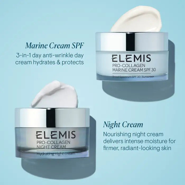 An open jar of ELEMIS - STEINER ELEMIS - PRO COLLAGEN NIGHT CREAM 50ML rests on a white surface, with some of the anti-aging moisturizer artistically spread around its base.