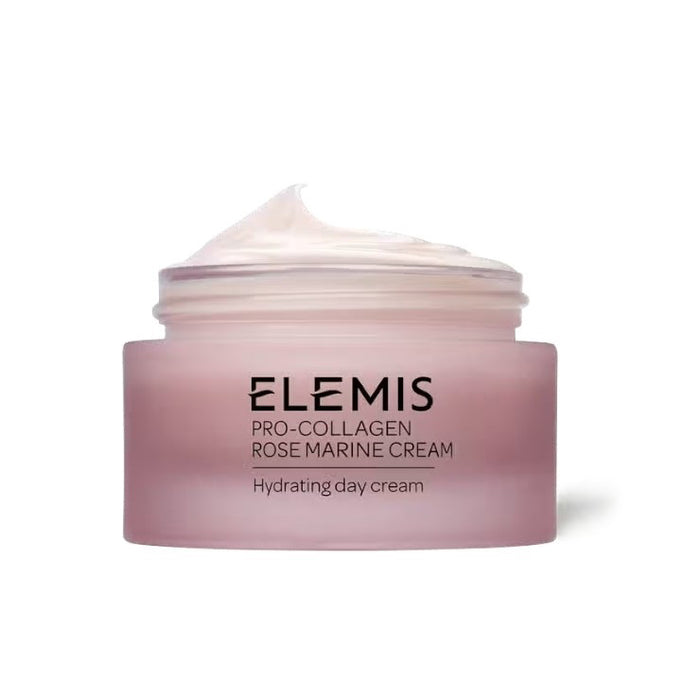 A pink frosted jar of ELEMIS - PRO-COLLAGEN ROSE MARINE CREAM by ELEMIS - STEINER sits open, revealing a swirl of light pink, rose-infused cream inside. The label reads “Hydrating day cream.”.