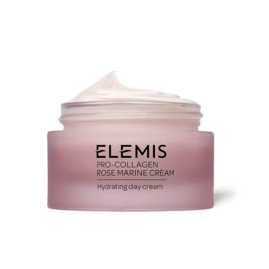 A pink frosted jar of ELEMIS - PRO-COLLAGEN ROSE MARINE CREAM by ELEMIS - STEINER sits open, revealing a swirl of light pink, rose-infused cream inside. The label reads “Hydrating day cream.”.