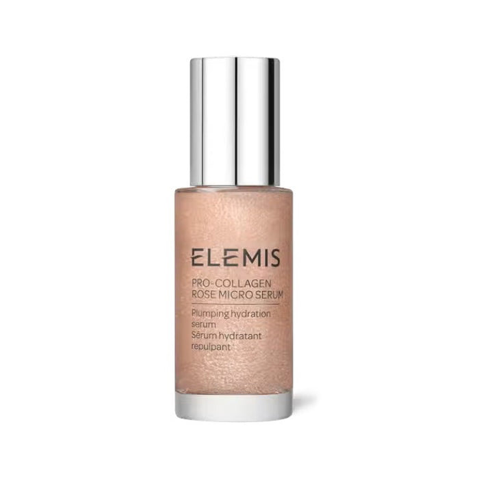 A bottle of ELEMIS - PRO-COLLAGEN ROSE MICRO SERUM by ELEMIS - STEINER, with a silver cap and light pink liquid, featuring black text, stands against a white background—an advanced hyaluronic acid hydration serum.