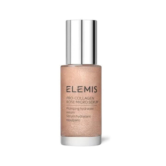 A bottle of ELEMIS - PRO-COLLAGEN ROSE MICRO SERUM by ELEMIS - STEINER, with a silver cap and light pink liquid, featuring black text, stands against a white background—an advanced hyaluronic acid hydration serum.