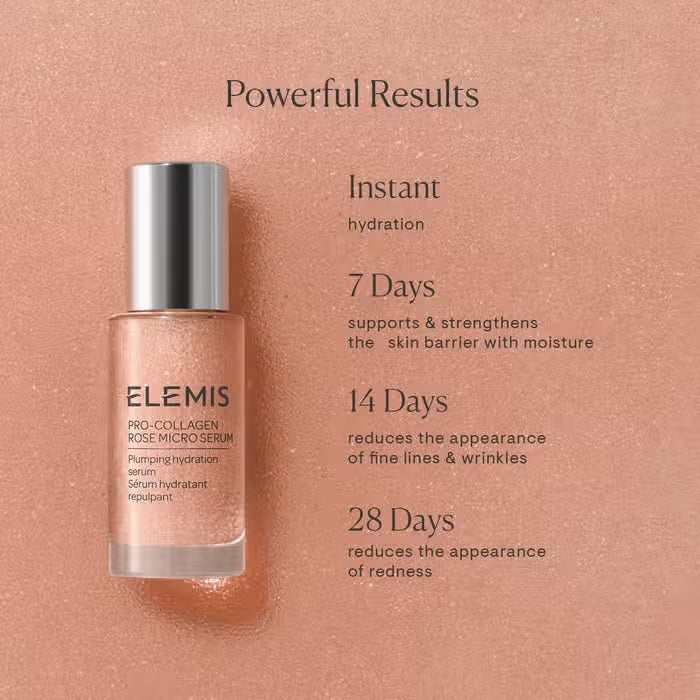 A bottle of ELEMIS - PRO-COLLAGEN ROSE MICRO SERUM by ELEMIS - STEINER, with a silver cap and light pink liquid, featuring black text, stands against a white background—an advanced hyaluronic acid hydration serum.