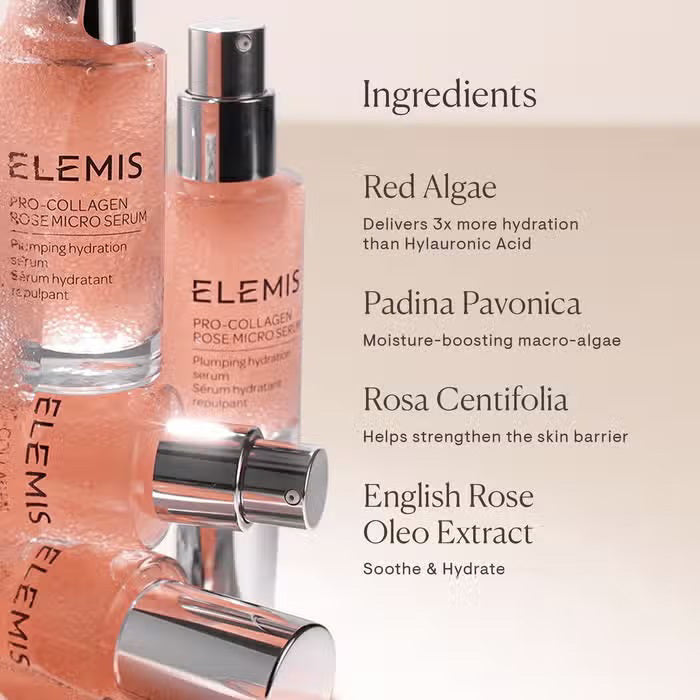 A bottle of ELEMIS - PRO-COLLAGEN ROSE MICRO SERUM by ELEMIS - STEINER, with a silver cap and light pink liquid, featuring black text, stands against a white background—an advanced hyaluronic acid hydration serum.