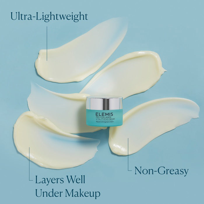 A light blue jar of ELEMIS - PRO-COLLAGEN VITALITY EYE CREAM by ELEMIS - STEINER, filled with creamy off-white product. The label says "Replenishing eye cream" and the jar sits on a white background with a visible reflection beneath it.