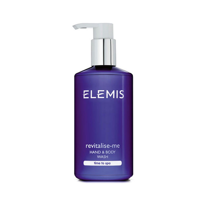 A purple pump bottle of ELEMIS - REVITALISE ME HAND & BODY WASH by ELEMIS - STEINER, labeled “time to spa,” sits on a white background. This luxurious hand and body wash is gentle on the skin and infused with essential oils for a refreshing cleanse.