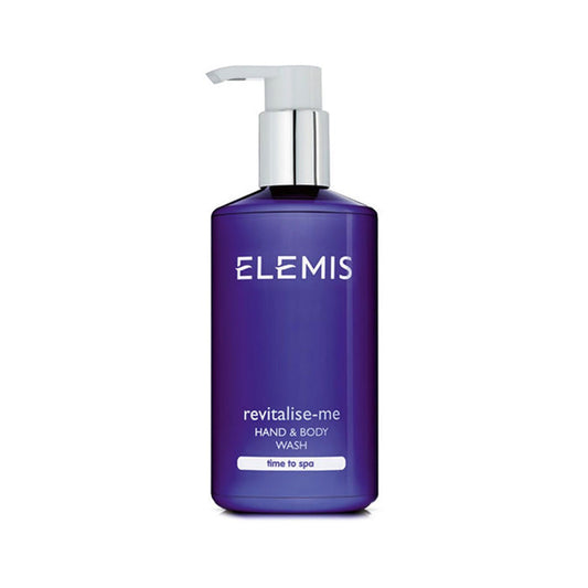 A purple pump bottle of ELEMIS - REVITALISE ME HAND & BODY WASH by ELEMIS - STEINER, labeled “time to spa,” sits on a white background. This luxurious hand and body wash is gentle on the skin and infused with essential oils for a refreshing cleanse.