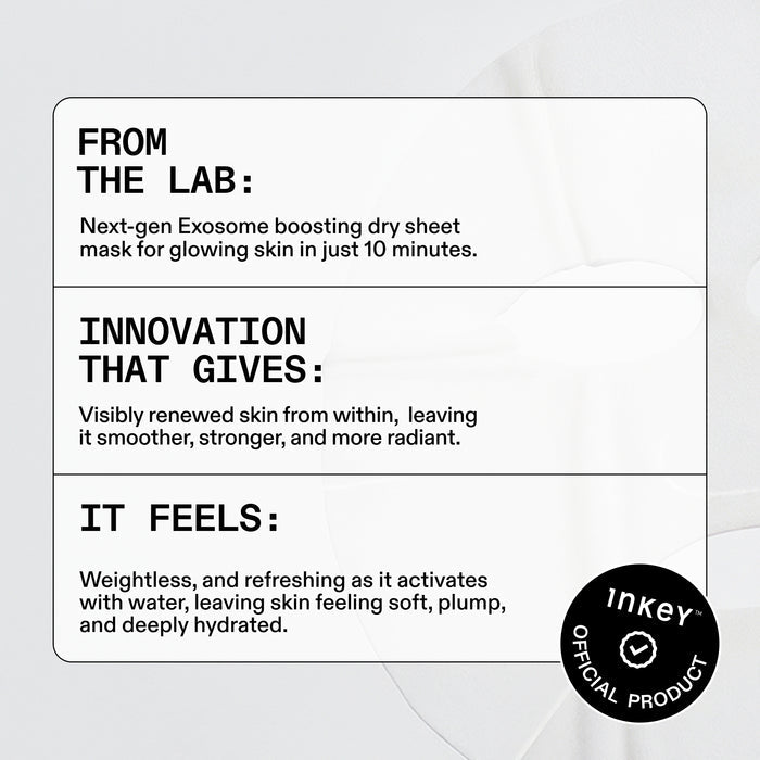 Product packaging with text about a dry sheet mask and INKEY brand logo.