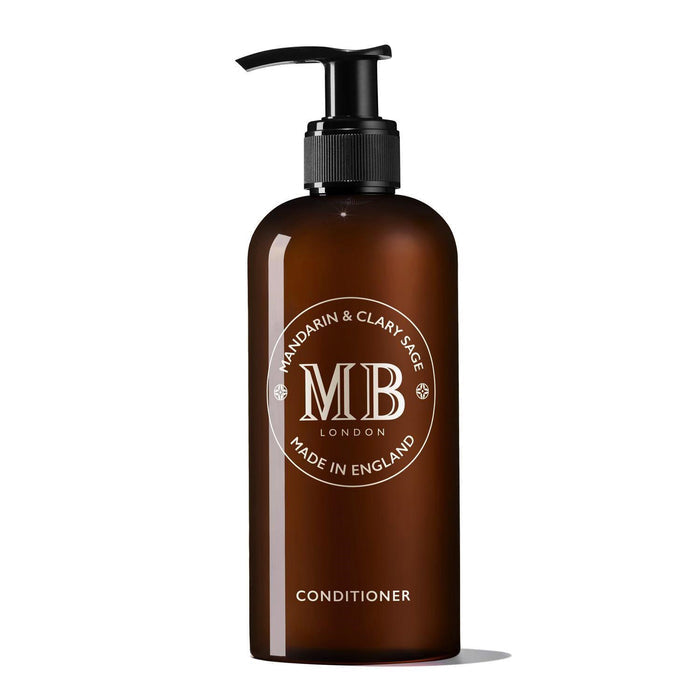 A brown pump bottle of MOLTON BROWN 1971 COLLECTION Mandarin Clary Sage Conditioner is shown on a white background, featuring a circular "Mandarin & Clary Sage, Made in England" logo and botanical extracts.