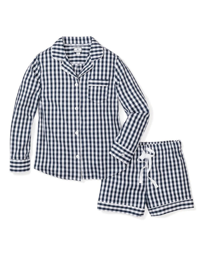 A folded PETITE PLUME Women's Twill Pajama Top from the FEARRINGTON LIFESTYLE COLLECTION, featuring navy French ticking stripes, long sleeves, a front pocket with small animal embroidery, and a tag by the collar.