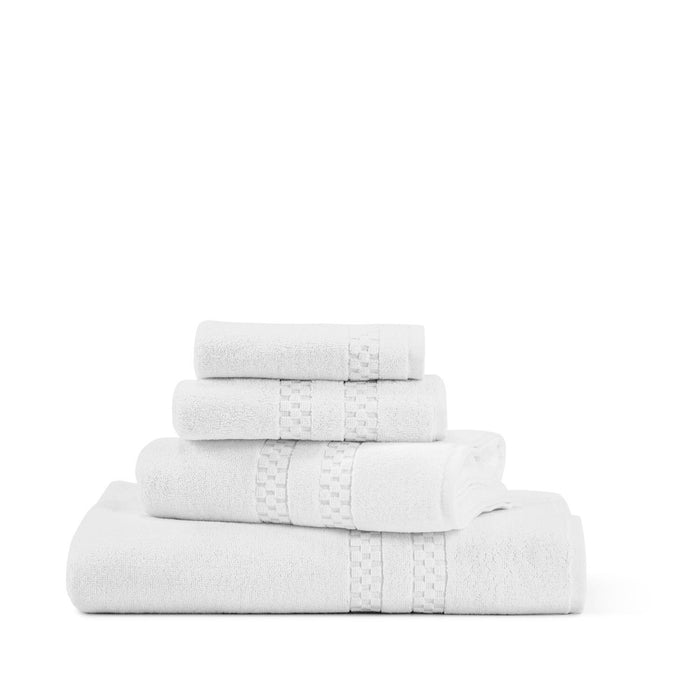 Four FEARRINGTON LIFESTYLE BATH TOWELS by Frette North America, neatly folded and stacked against a white background, highlight the elegance and comfort of luxury bath linens.
