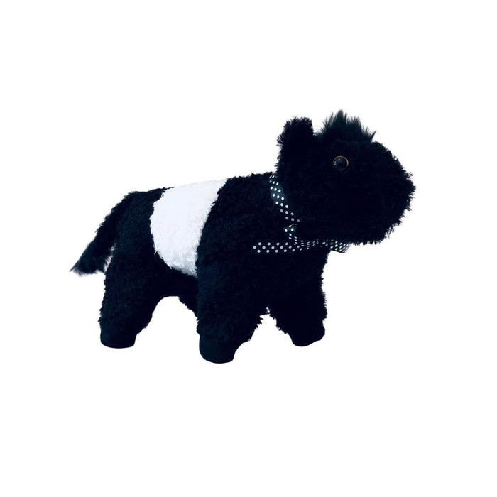 The FEARRINGTON SIGNATURE COLLECTION - BELTIE COW PLUSH TOY by BEVERLY HILLS TEDDY BEAR CO features a fluffy black and white cow design, with a white midsection and black head, legs, and tail, standing on a light surface against a plain background.