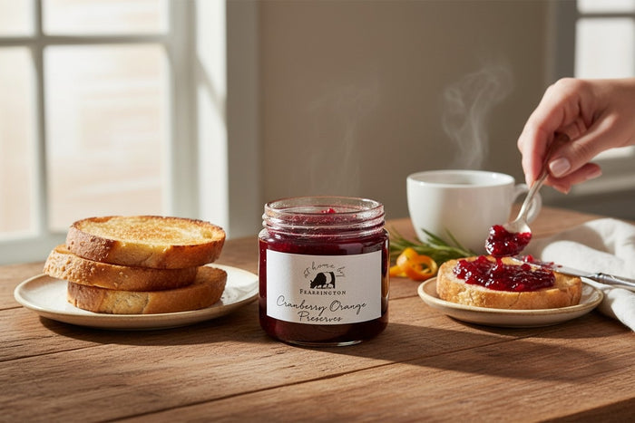 The Fearrington Housemade Cranberry Orange Preserves from the Fearrington Signature Collection, featuring a white label, are perfect breakfast jams. Made with cranberries, orange zest, cinnamon, sugar, port, and pectin by Fearrington chefs, they make an ideal handmade hostess gift. Allergen info is on the label.