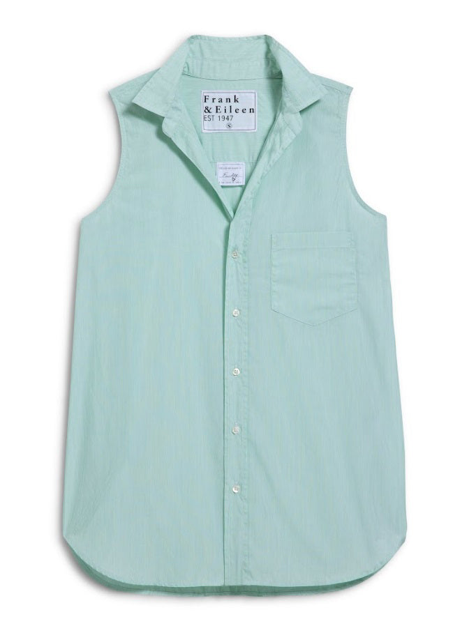 The FRANK & EILEEN Finley Sleeveless Layering Button Up Shirt is a light green, collarless Italian cotton top with a front pocket and inner "Frank & Eileen EST 1947" label, shown laid flat on a white background.