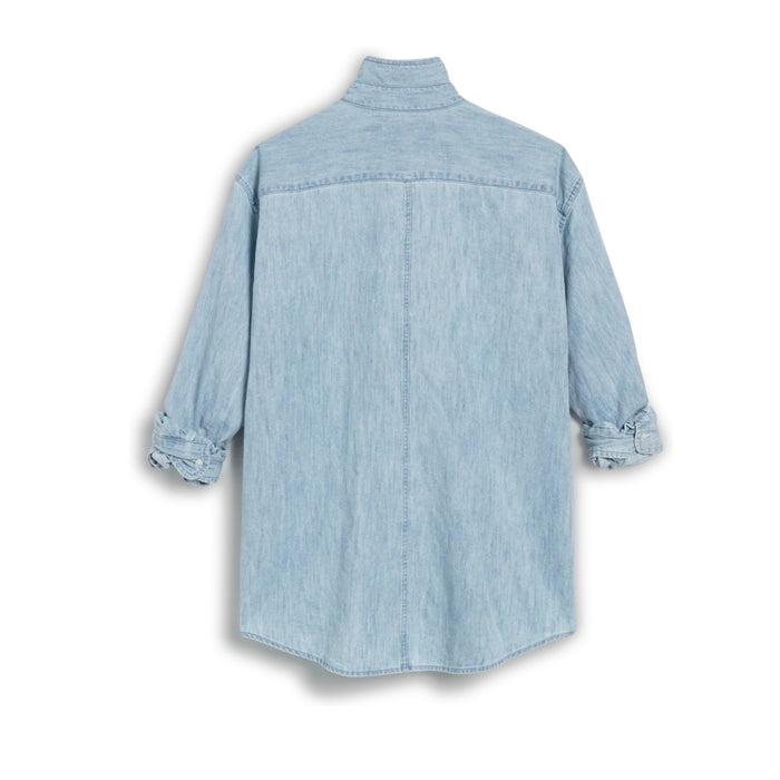 The FRANK & EILEEN LUKE Men's Button Up Shirt in Famous Denim Classic Wash features light blue 100% cotton denim, a loose fit, straight hem, and rolled long sleeves. Displayed from the back against a white background.
