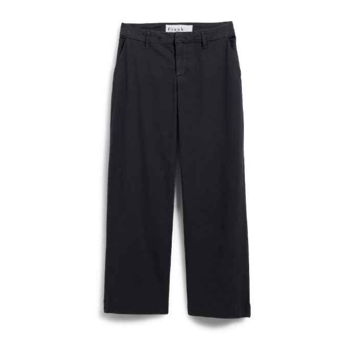 A pair of dark gray, wide-leg chinos from FRANK & EILEEN's Westport collection, made with performance twill. They feature belt loops and a front button closure, designed for a mid-rise fit. Inside the waistband is a "FRANK & EILEEN" label.