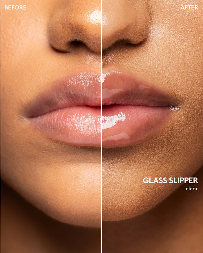 before and after of gloss bomb heat lip plumper in glass slipper on medium skin toned model