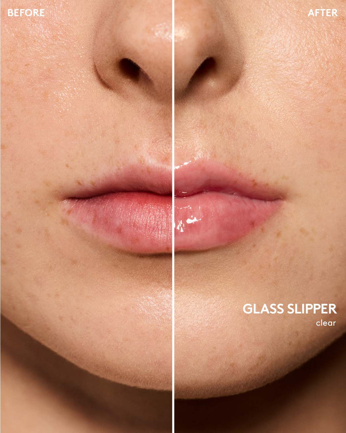 before and after of gloss bomb heat lip plumper in glass slipper on light skin toned model