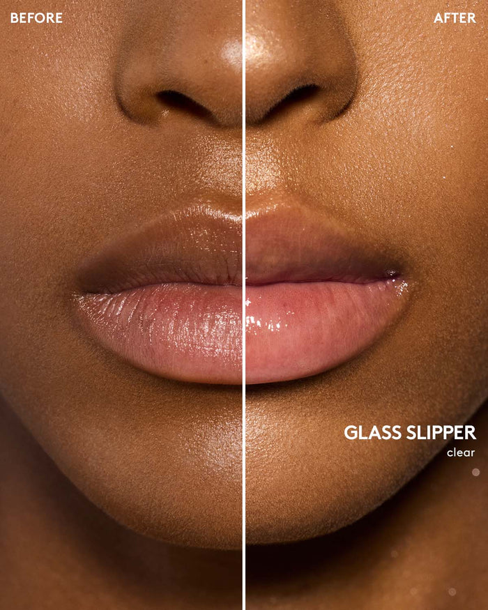 before and after of gloss bomb heat lip plumper in glass slipper on deep skin toned model