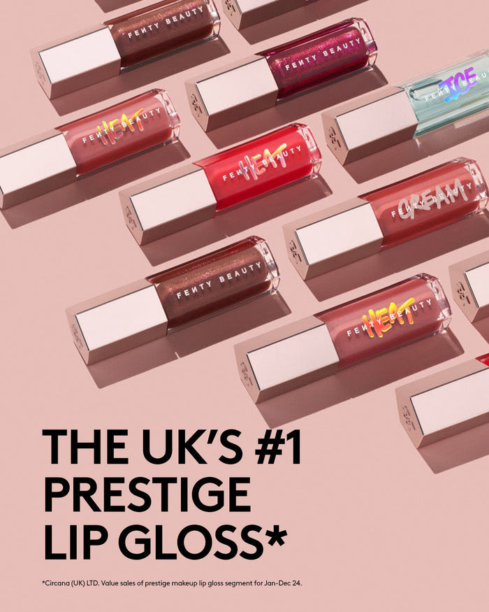 Lip gloss tubes on a pink background with text indicating prestige status.