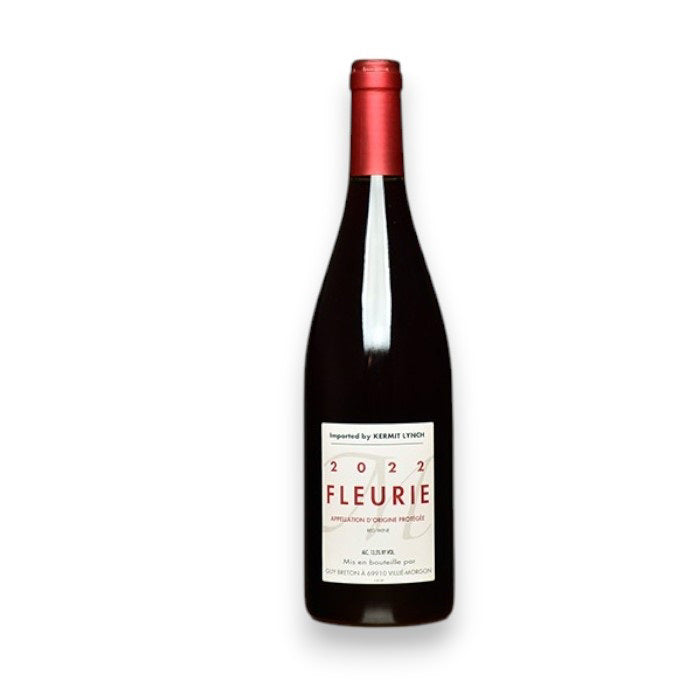 A bottle of GUY BRETON FLEURIE BEAUJOLAIS 2024 by WINE: TRYON, featuring a red foil top and white label with "Imported by Kermit Lynch," is shown against a white background.