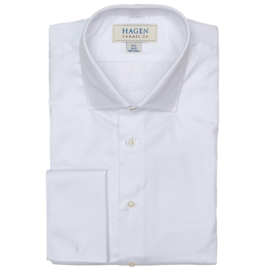 Close-up of the collar of the HAGEN Formal Dress Shirt with French Cuff in White Dobby, crafted from textured Italian-milled cotton and featuring a sharp collar and two off-white buttons.