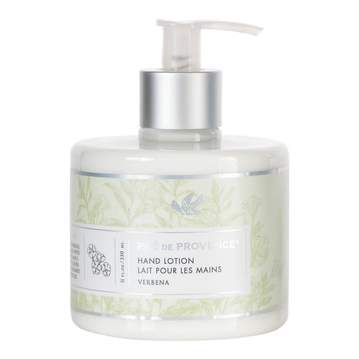 A clear plastic pump bottle of HERITAGE LOTION - VERBENA by EUROPEAN SOAPS, LLC features a light green floral label, silver pump, shea butter, and contains 10 fl oz (300 ml) of moisturizing lotion.
