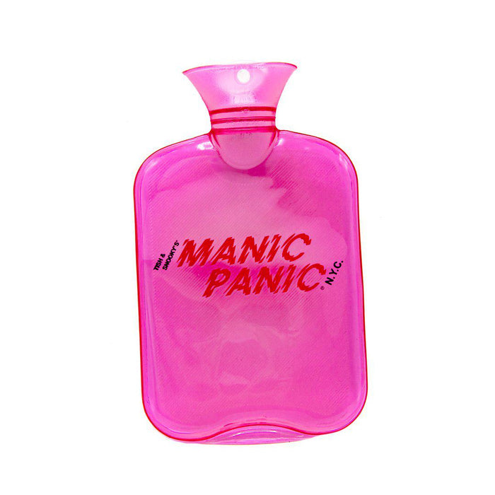 A pink hot water bottle with a red manic panic logo