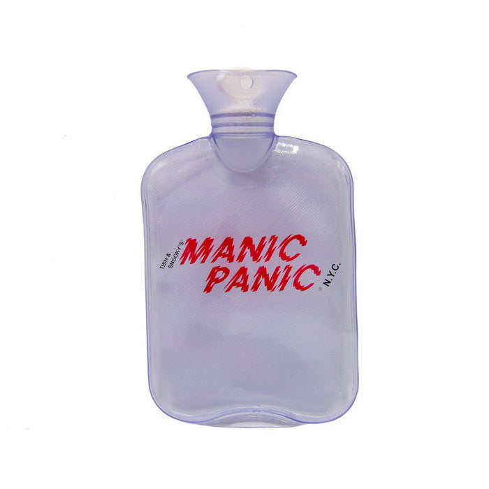 A clear hot water bottle with a red manic panic logo