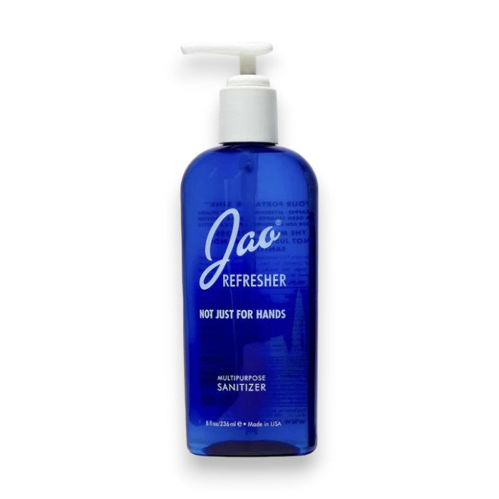 A blue 8 oz pump bottle labeled "JAO BRAND - HAND REFRESHER" from JAO LIMITED, featuring white text. This upright hand sanitizer, made with antiseptic essential oils, is pictured against a white background.