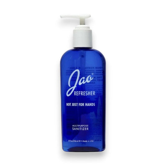 A blue 8 oz pump bottle labeled "JAO BRAND - HAND REFRESHER" from JAO LIMITED, featuring white text. This upright hand sanitizer, made with antiseptic essential oils, is pictured against a white background.
