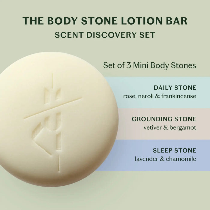 The KATE MCLEOD SCENT DISCOVERY SET features three mini, round white lotion bars with a plant-based formula. The bars come in green and orange branded packaging, stacked beside a larger box on a light green background.